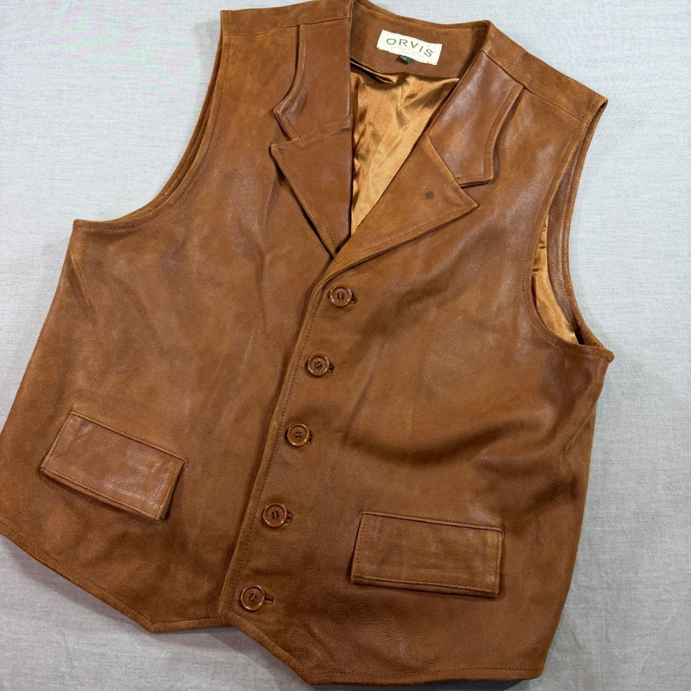 Orvis Leather Vest Mens Large Brown Button Front Western Rugged Classic EUC
